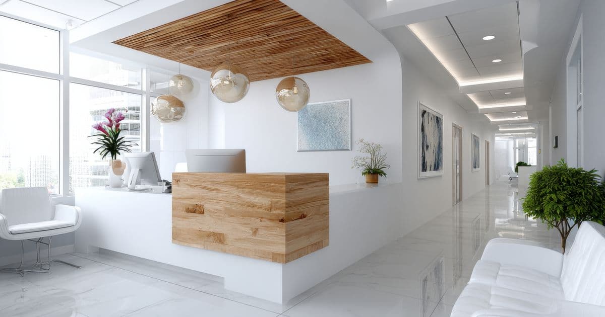 Arztempfang in Weiß und Holzoptik